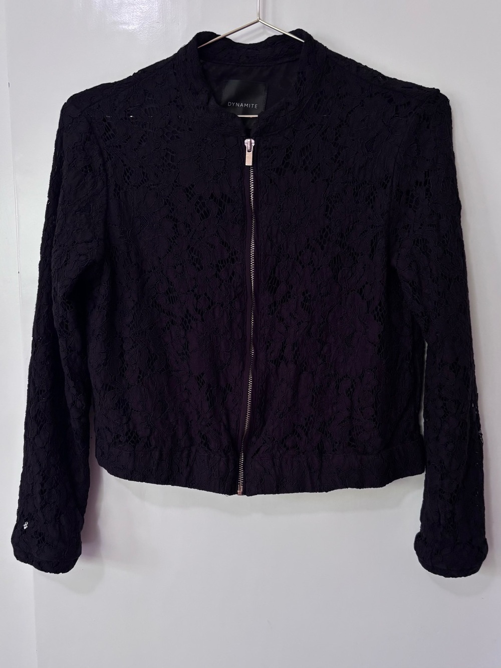 Dynamite| Black Lace Lightweight Bomber Jacket with Zipper Sz M